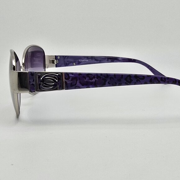 Bebe BB7054 Delicious Silver Purple Cheetah Print Frame Purple Lens Sunglasses - Picture 3 of 13